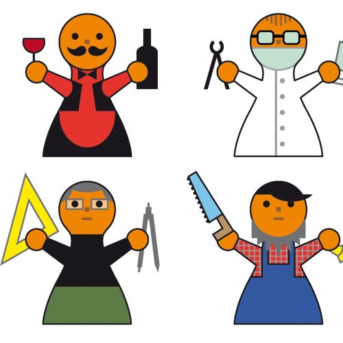 Cartoon illustrations of four professionals including waiter, doctor, architect, and carpenter by Kl