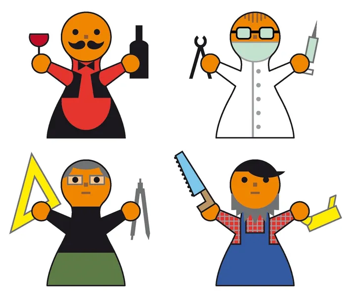 Cartoon illustrations of four professionals including waiter, doctor, architect, and carpenter by Kl