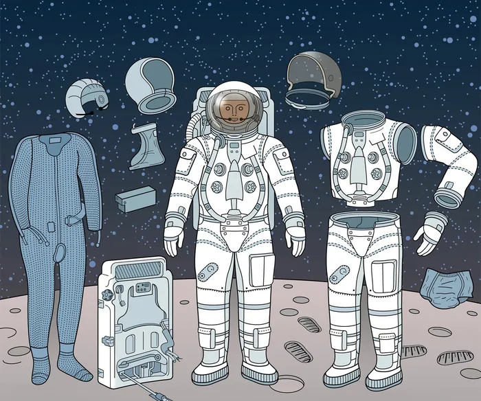 Detailed illustration of space suit components laid out on moon surface by Klaus Meinhardt