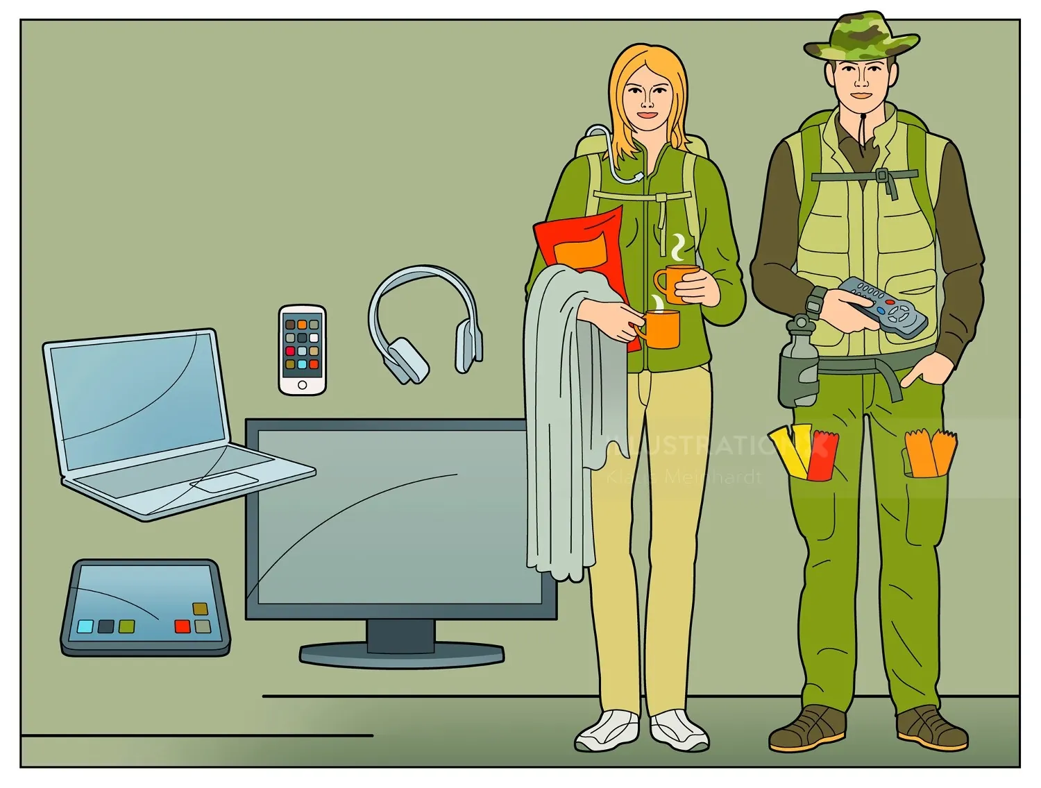 Illustration of laptop, phone, headphones, and two people with outdoor gear by Klaus Meinhardt
