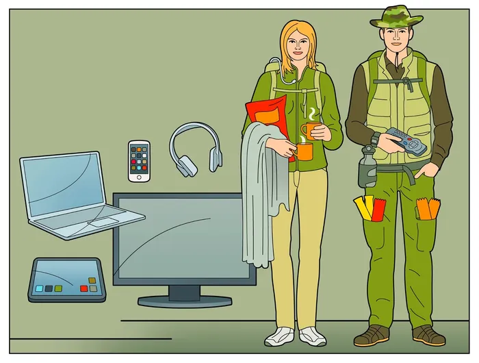 Illustration of laptop, phone, headphones, and two people with outdoor gear by Klaus Meinhardt