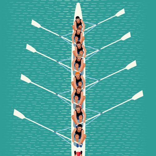 Rowing team with eight rowers and coxswain in boat on water by Klaus Meinhardt