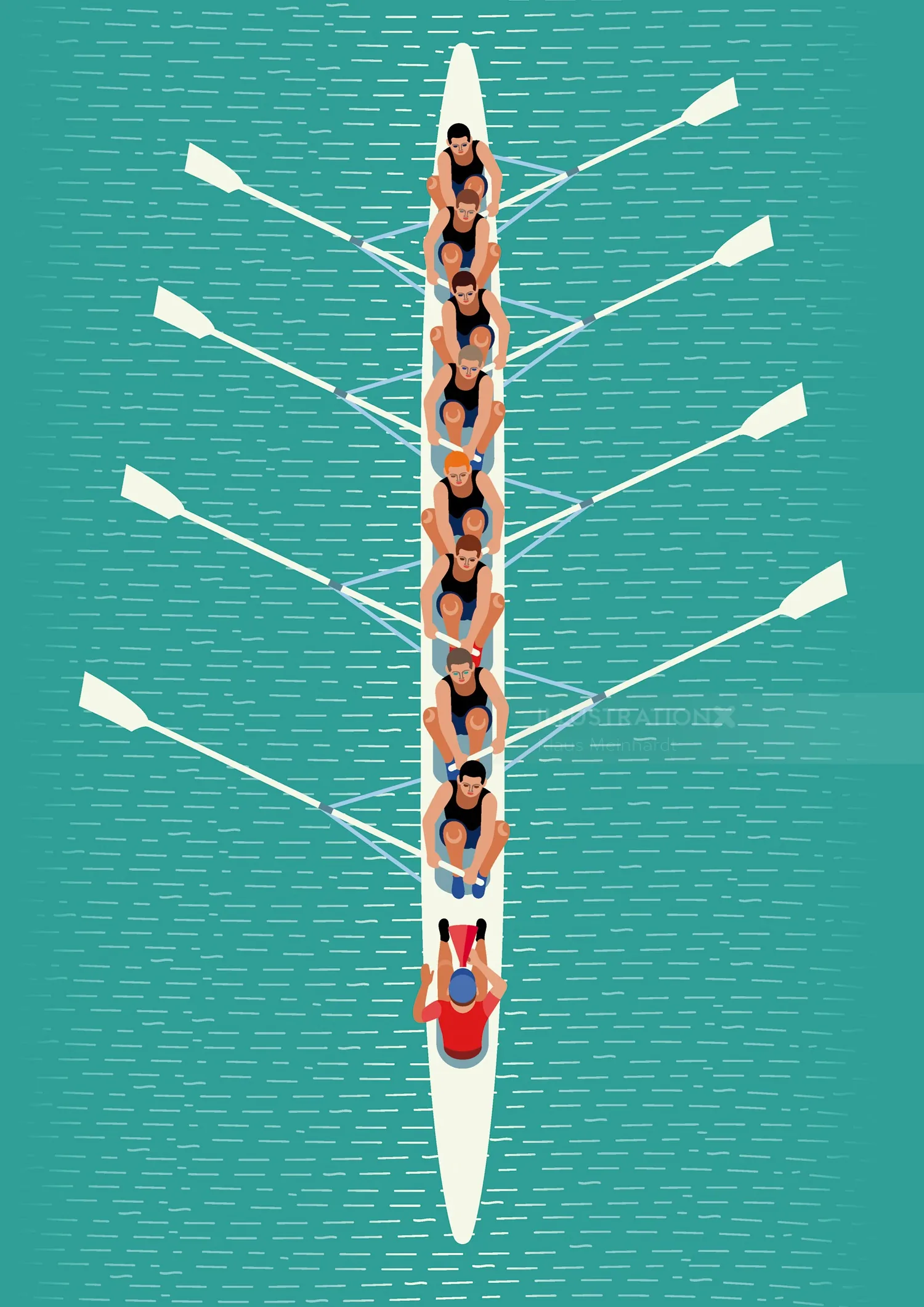 Rowing team with eight rowers and coxswain in boat on water by Klaus Meinhardt