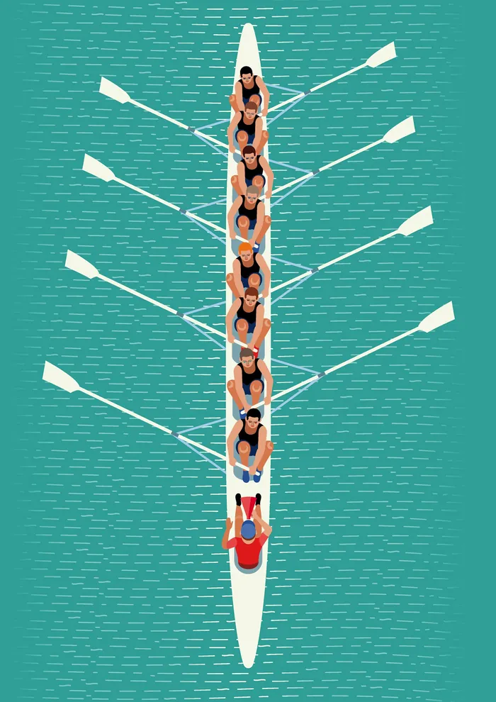 Rowing team with eight rowers and coxswain in boat on water by Klaus Meinhardt
