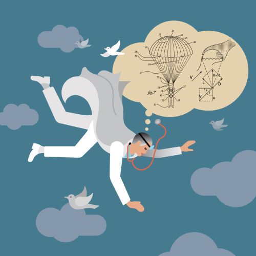 Falling man with balloon invention sketch and birds by Klaus Meinhardt