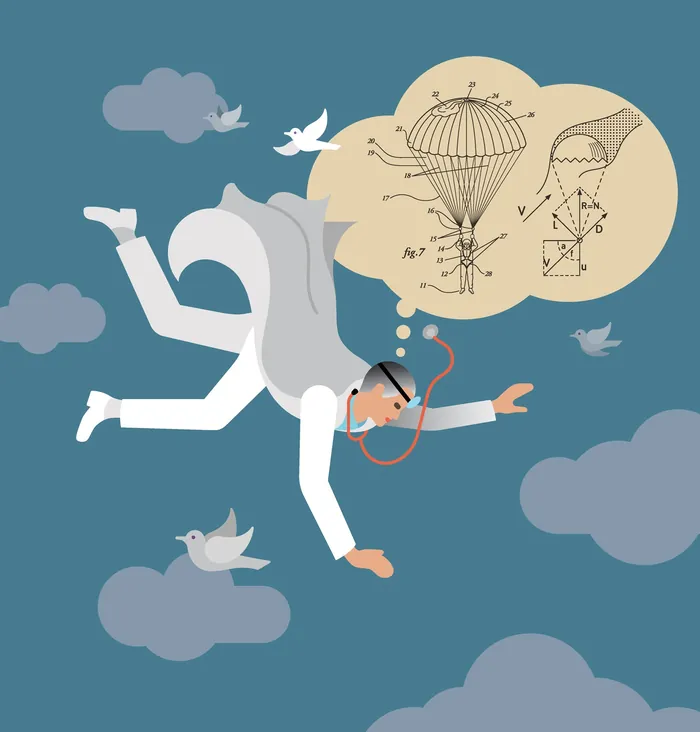 Falling man with balloon invention sketch and birds by Klaus Meinhardt