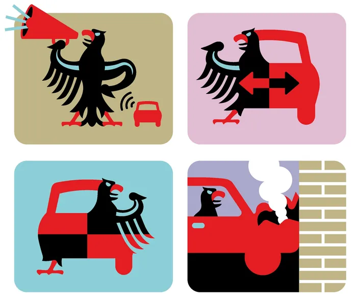 Graphic bird interacting with red car icons by Klaus Meinhardt