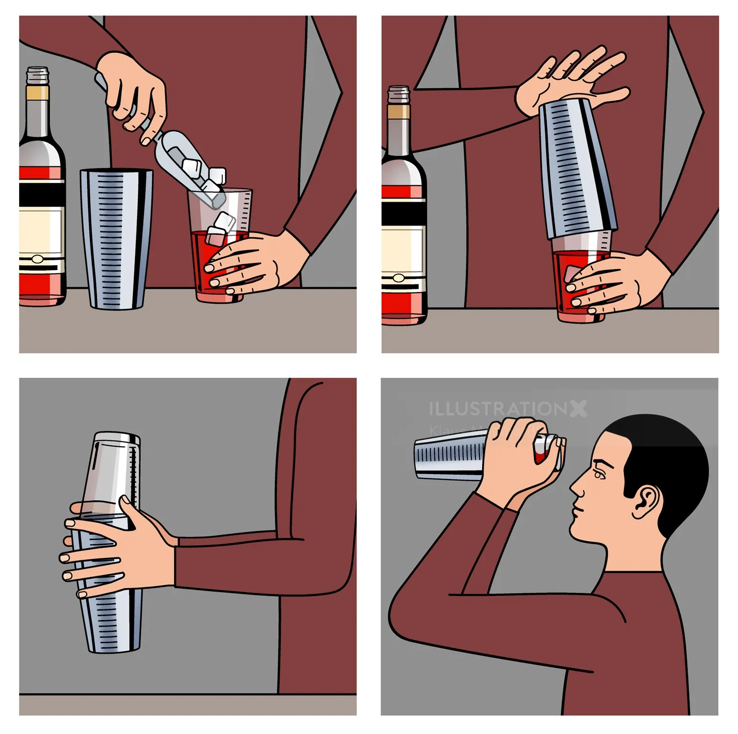 Cocktail making steps shown in four panels by Klaus Meinhardt