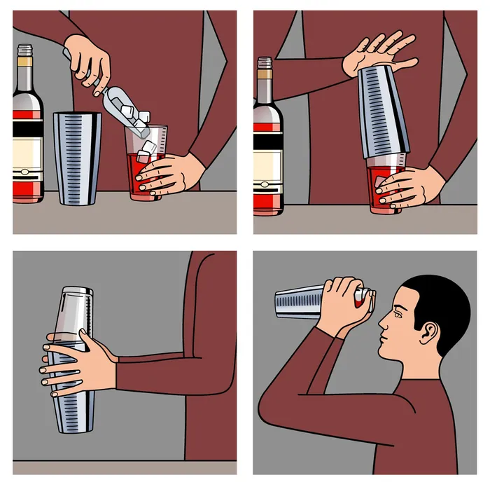 Cocktail making steps shown in four panels by Klaus Meinhardt