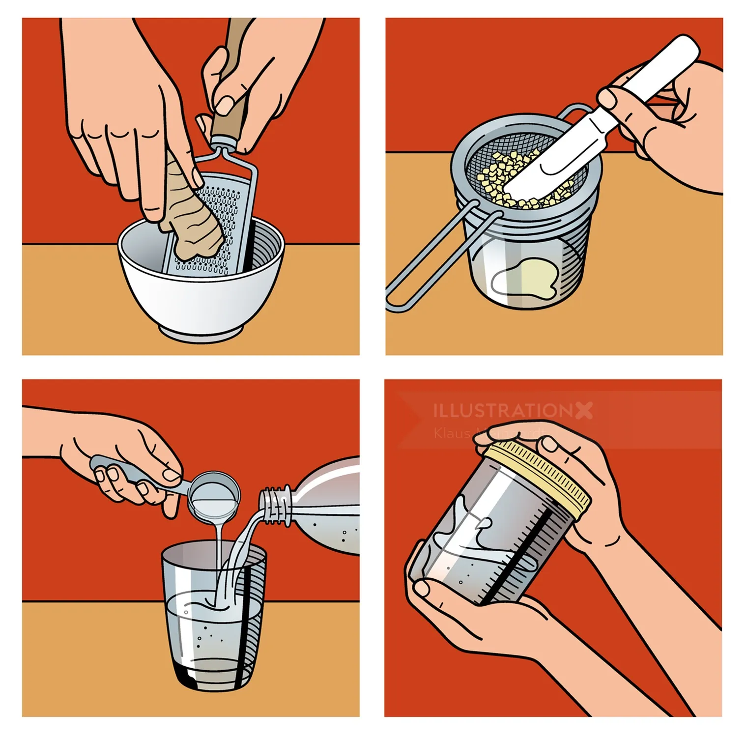 Four-step illustration for making coffee with a filter and hot water by Klaus Meinhardt