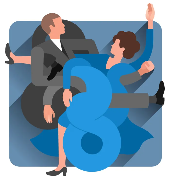 Abstract dancing couple with bold shapes and colors by Klaus Meinhardt