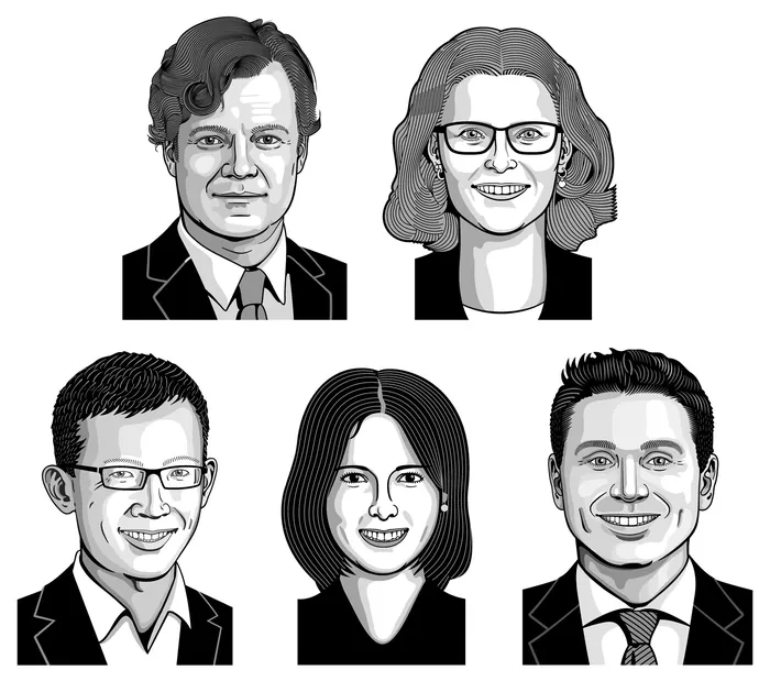Black and white portraits of five professionals in business attire by Klaus Meinhardt