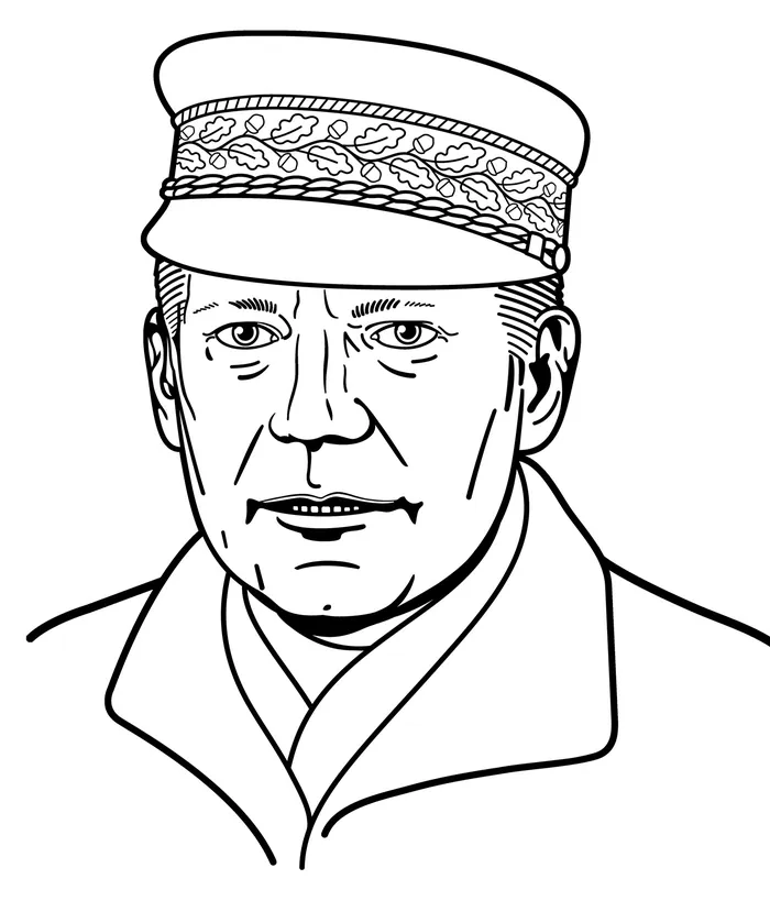 Line drawing of a military officer in decorated cap by Klaus Meinhardt
