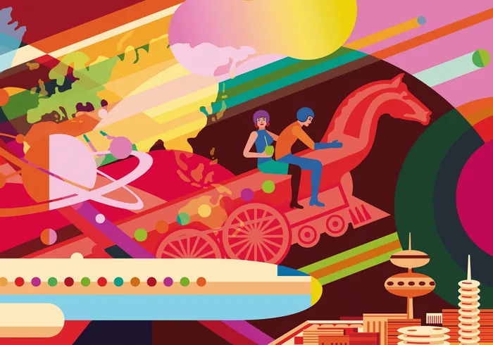 Futuristic colorful scene with space shuttle, horse chariot, and planets by Klaus Meinhardt