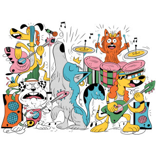 Design de personagem de desenho animado de banda de cachorro