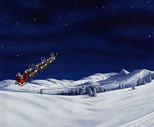 Papai Noel voando em uma paisagem de inverno