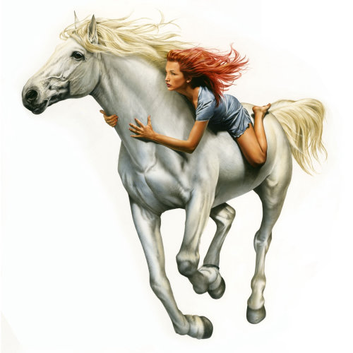 Cavalo branco com ilustração de menina de cabelos vermelhos