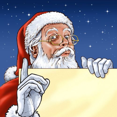 Santa in red with blank cardboard
