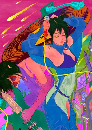 Time-traveling rock band Goodbye Future performing during apocalypse by Koalanov