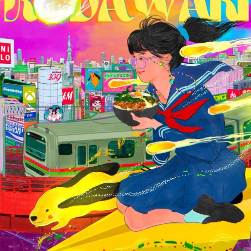 Colorful poster showing a girl holding food with city and train background by Koalanov