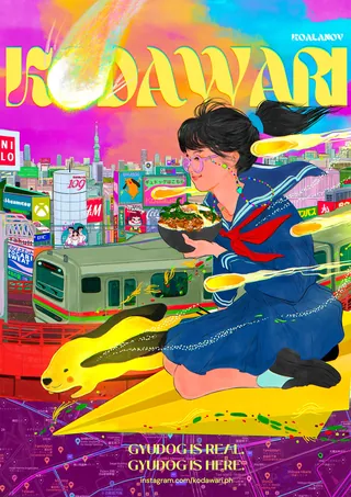 Colorful poster showing a girl holding food with city and train background by Koalanov