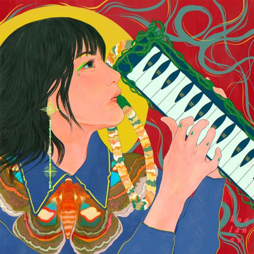 Woman playing melodica surrounded by colorful moths and vines, by Koalanov