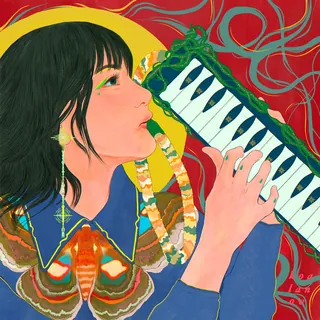 Woman playing melodica surrounded by colorful moths and vines, by Koalanov