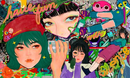 Pop art style faces with graffiti and vibrant colors by Koalanov