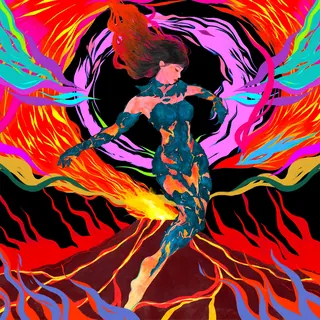 Fiery woman dancing with colorful flames in swirling vivid background by Koalanov
