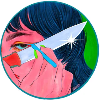 A person with dark hair holds a reflective knife near their face by Koalanov