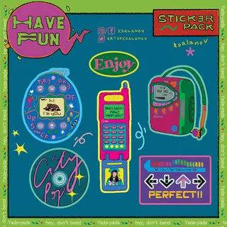 'Have Fun' sticker pack with Tamagotchi, cellphone, and music player by Koalanov