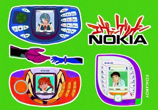 Evangelion characters displayed on colorful retro Nokia phones by Koalanov