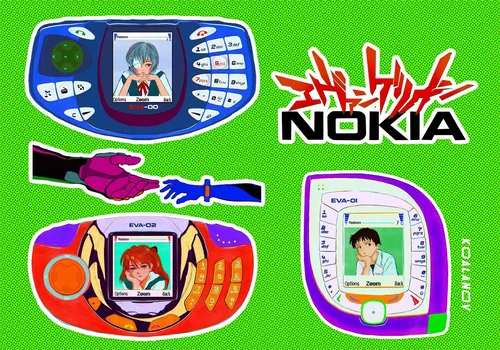 Evangelion characters displayed on colorful retro Nokia phones by Koalanov