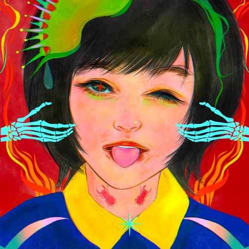 Girl winking with tongue out near neon skeletal hands by Koalanov