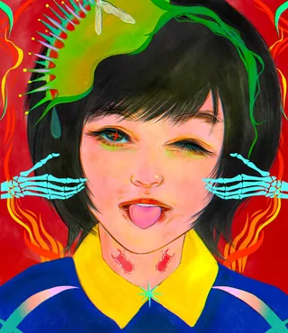 Girl winking with tongue out near neon skeletal hands by Koalanov