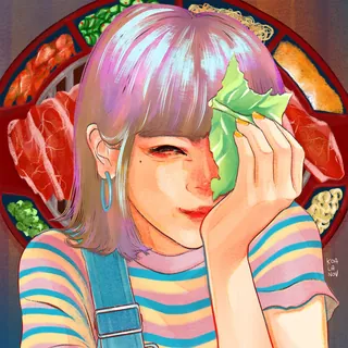Woman holding lettuce leaf with Korean barbecue dishes in background by Koalanov