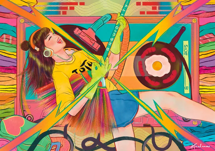 Person enjoying a solo party with music and snacks by Koalanov