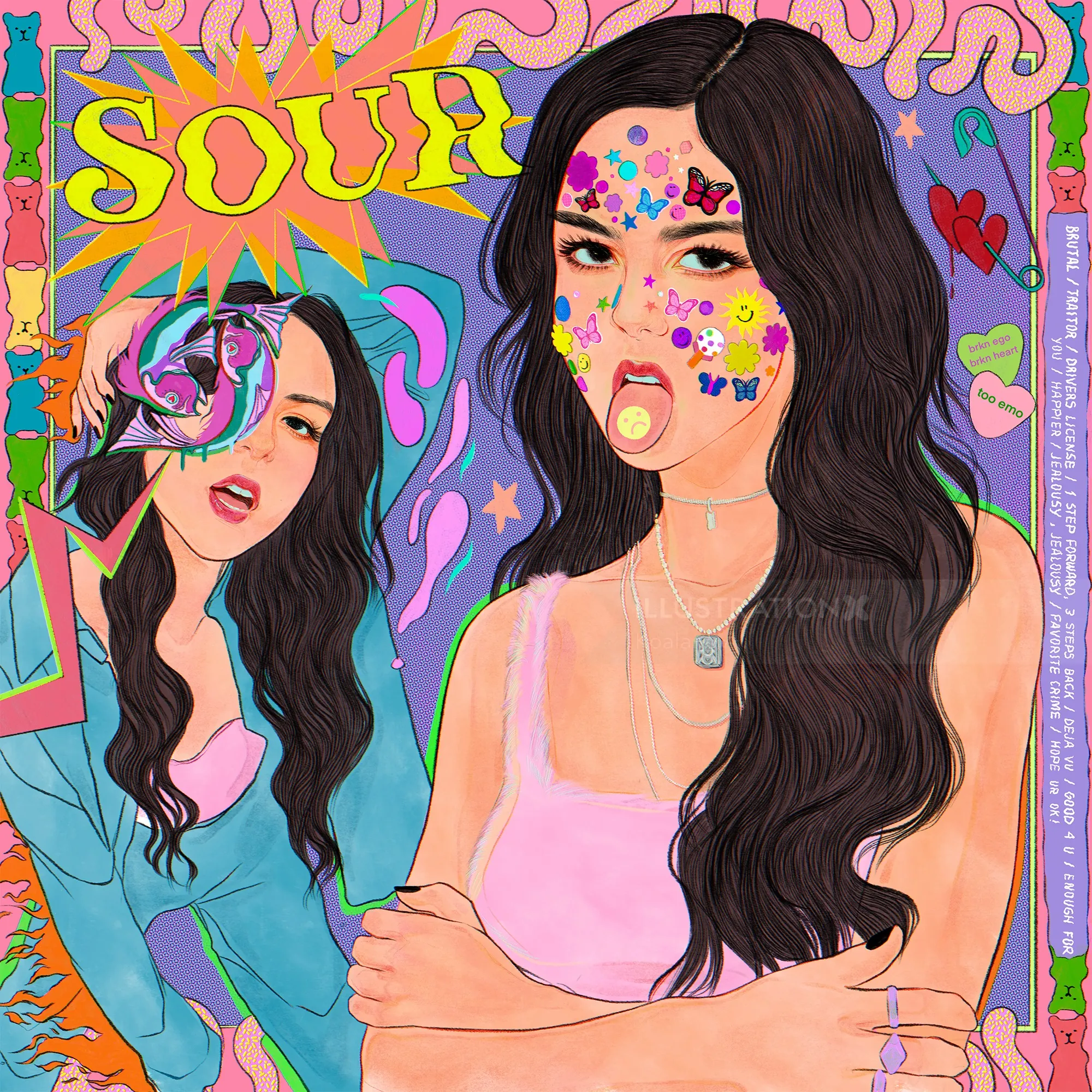 Colorful illustration of Olivia Rodrigo with floral face art and psychedelic background by Koalanov