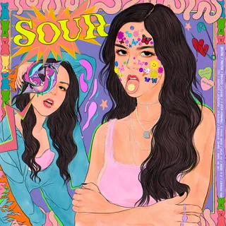 Colorful illustration of Olivia Rodrigo with floral face art and psychedelic background by Koalanov