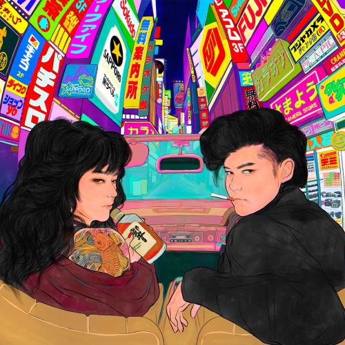Two young people in 90's Japanese sukeban and bancho style in city, by Koalanov