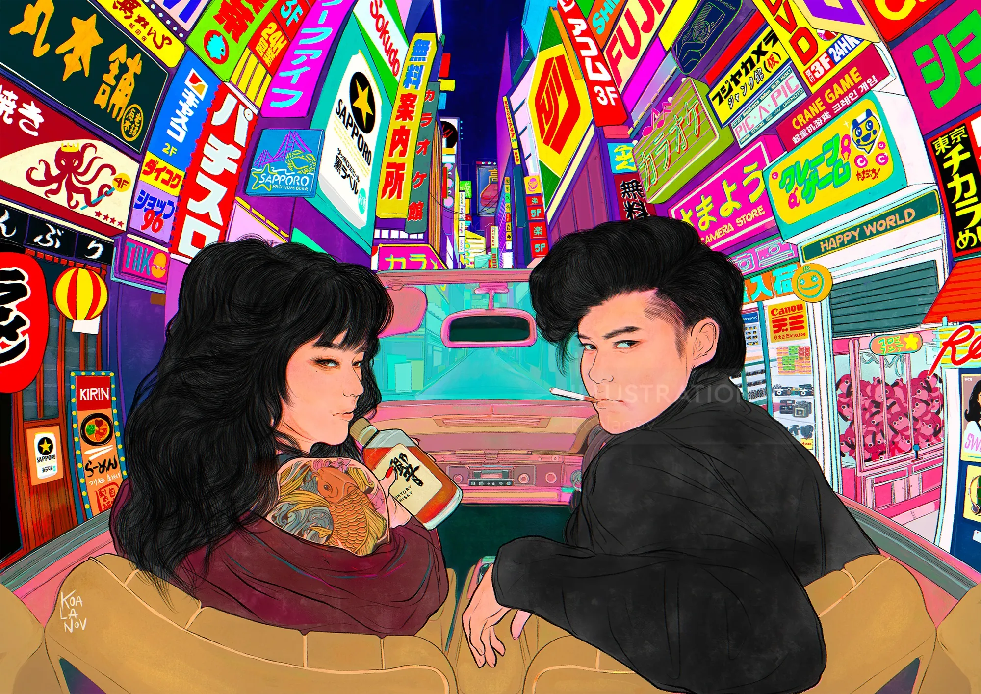 Two young people in 90's Japanese sukeban and bancho style in city, by Koalanov