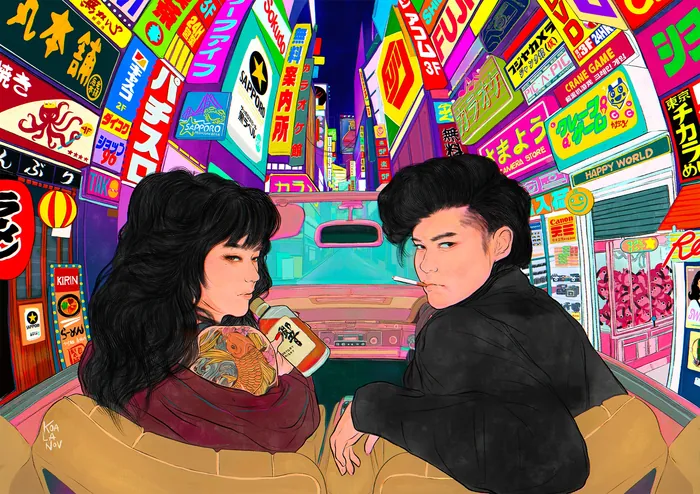 Two young people in 90's Japanese sukeban and bancho style in city, by Koalanov