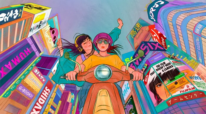 Two people riding scooter at night in neon-lit city street by Koalanov