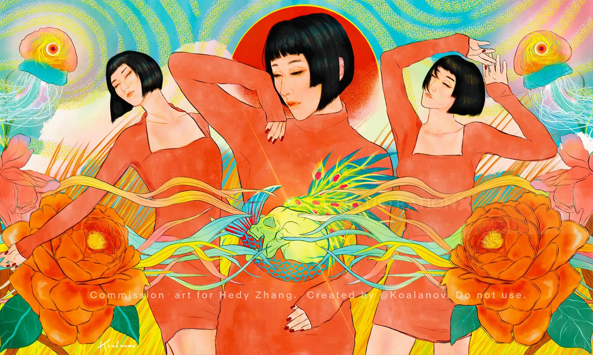 Colorful portrait of a woman with three poses and large flowers by Koalanov