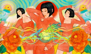 Colorful portrait of a woman with three poses and large flowers by Koalanov