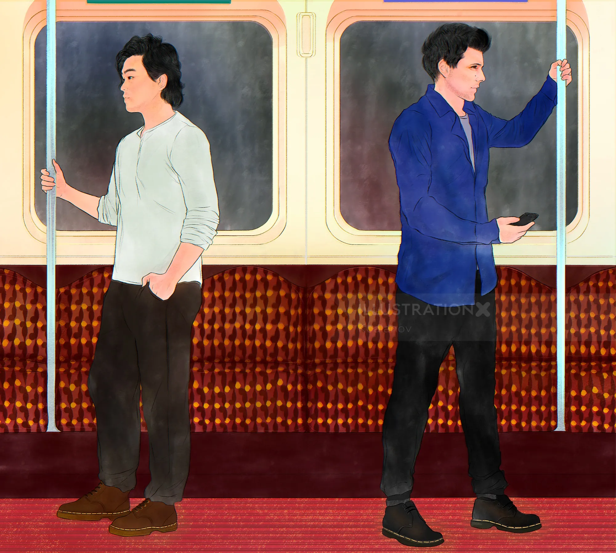 Portrait of two men standing in a subway car by Koalanov