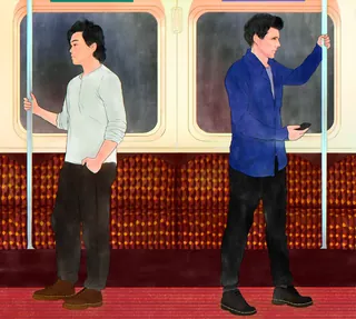 Portrait of two men standing in a subway car by Koalanov