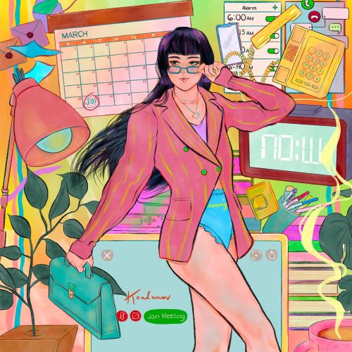 Woman in pink blazer with tech devices and calendar by Koalanov