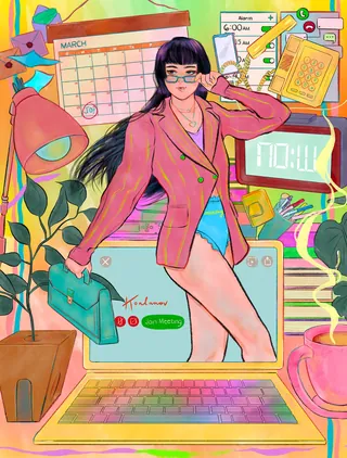 Woman in pink blazer with tech devices and calendar by Koalanov