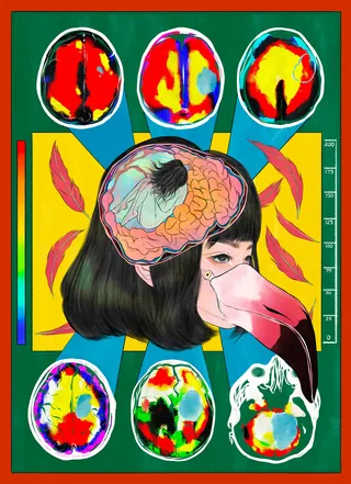 Surreal human head with brain and a flamingo beak by Koalanov
